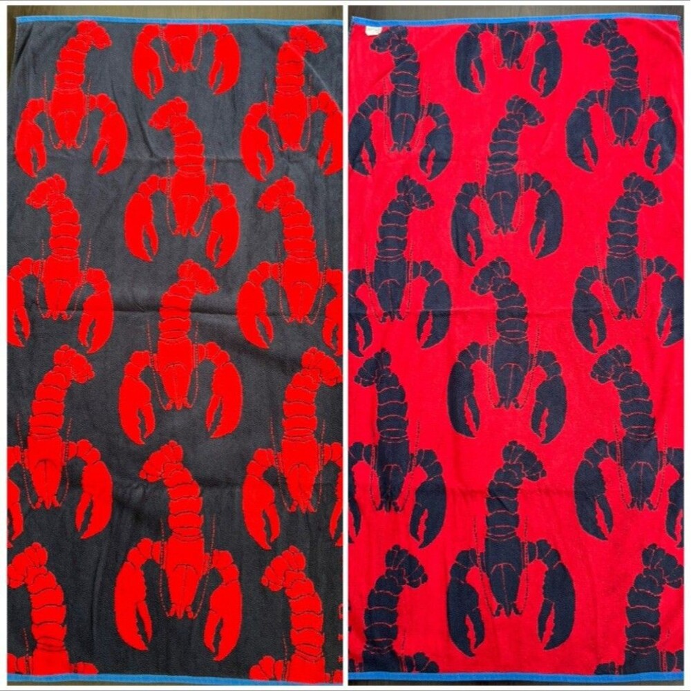 LL Bean Seaside Beach Towel Bath Pool Towel 35x68 Lobster Blue/Red Ocean Large - Picture 7 of 11